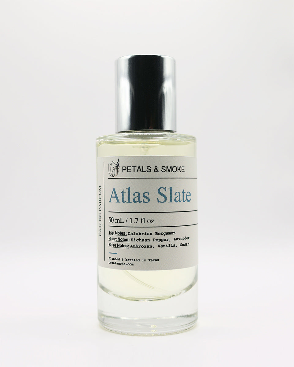 The photographed Atlas Slate 50 mL Petals & Smoke bottle