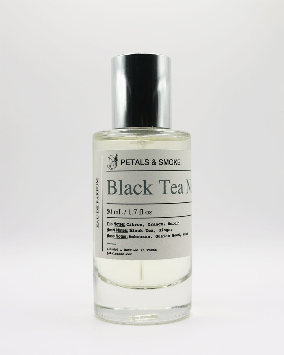 The photographed Black Tea Neroli 50 mL Petals & Smoke bottle
